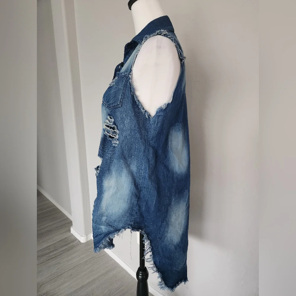 Thrill Jeans Sleeveless Denim Distressed Collared Top Shirt Blouse High Low Sz M - Picture 6 of 14